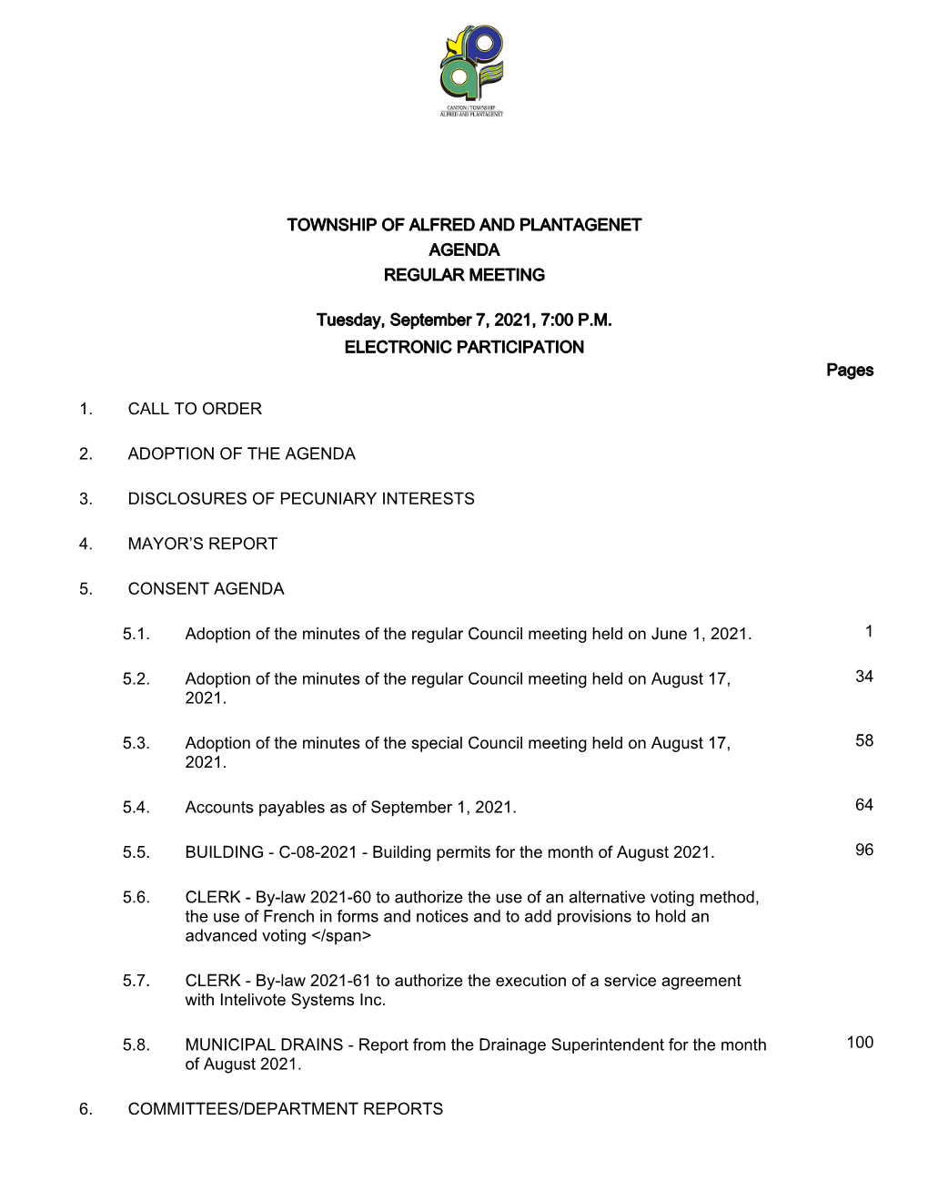 Township of Alfred and Plantagenet Agenda Regular Meeting