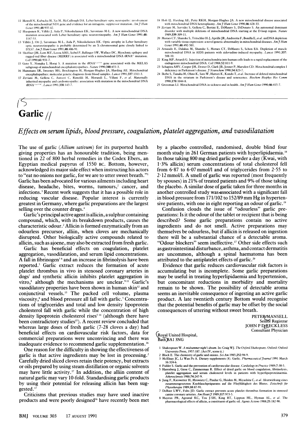 Garlic // Effects on Serum Lipids, Bloodpressure, Coagulation, Platelet Aggregation, and Vasodilatation