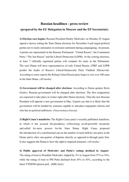 Russian Headlines - Press Review (Prepared by the EU Delegation in Moscow and the EP Secretariat)