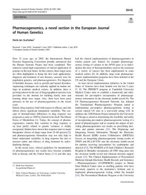 Pharmacogenomics, a Novel Section in the European Journal of Human Genetics