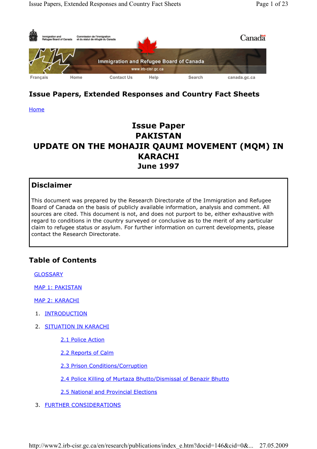 Issue Paper PAKISTAN UPDATE on the MOHAJIR QAUMI MOVEMENT (MQM) in KARACHI June 1997