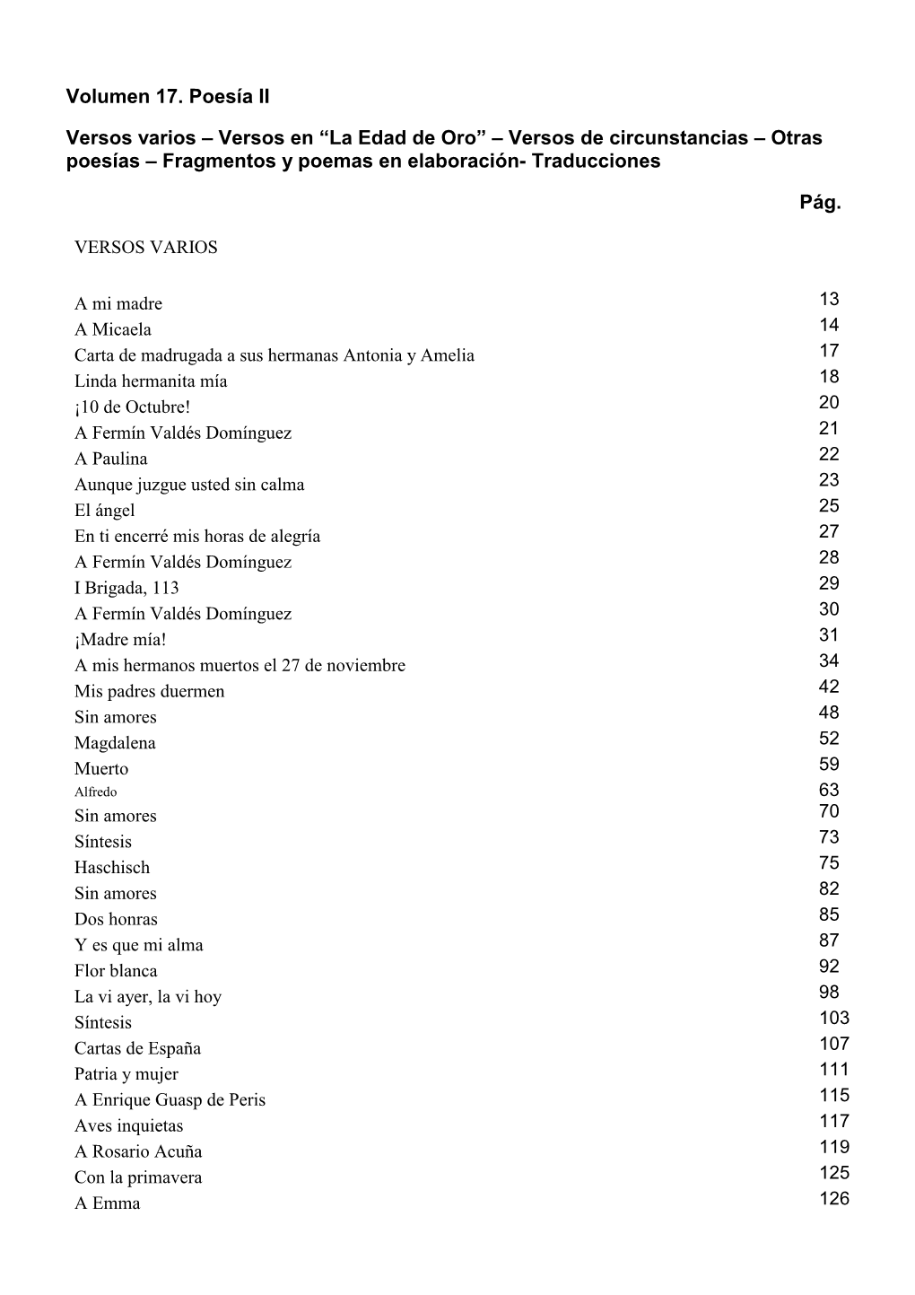 Volumen 17. Poesía II. Versos Varios