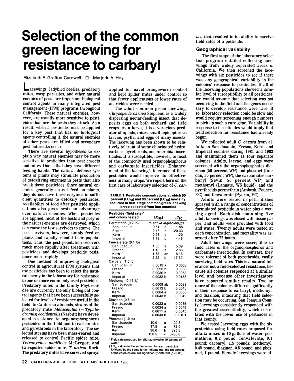 Selection of the Common Green Lacewing for Resistance to Carbaryl