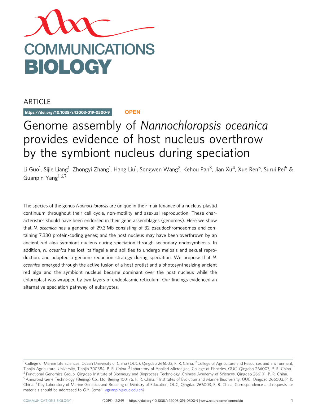 Genome Assembly of Nannochloropsis Oceanica Provides Evidence of Host Nucleus Overthrow by the Symbiont Nucleus During Speciation