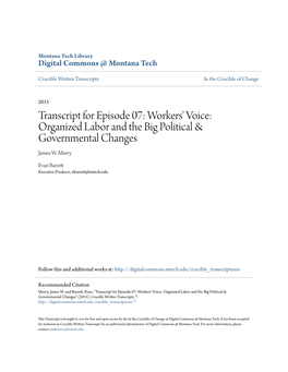Transcript for Episode 07: Workers' Voice: Organized Labor and the Big Political & Governmental Changes James W