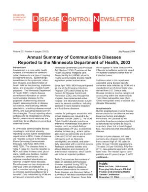Annual Summary of Communicable Disease Reported to MDH, 2003