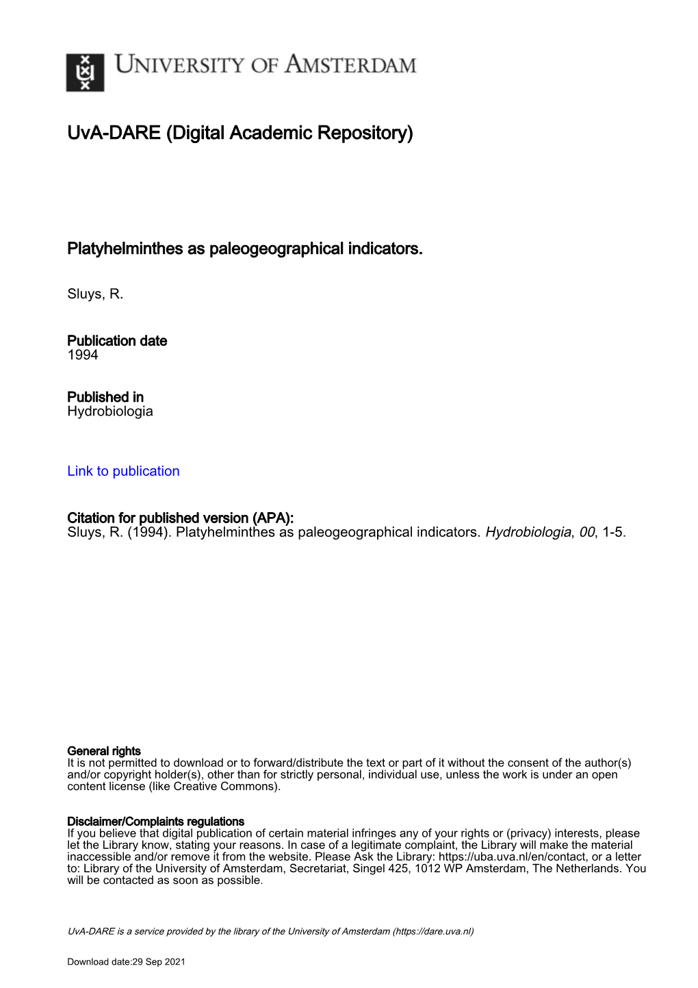 Platyhelminths As Paleogeographical Indicators