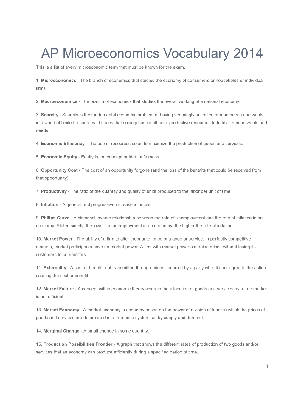 AP Microeconomics Vocabulary 2014