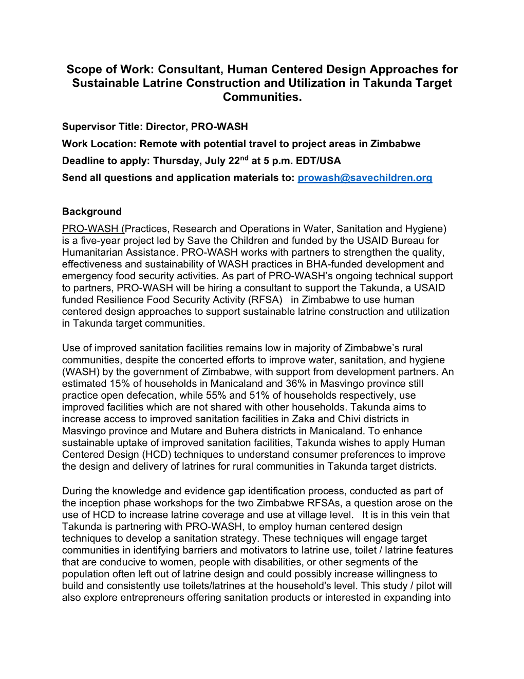 Consultant, Human Centered Design Approaches for Sustainable Latrine Construction and Utilization in Takunda Target Communities