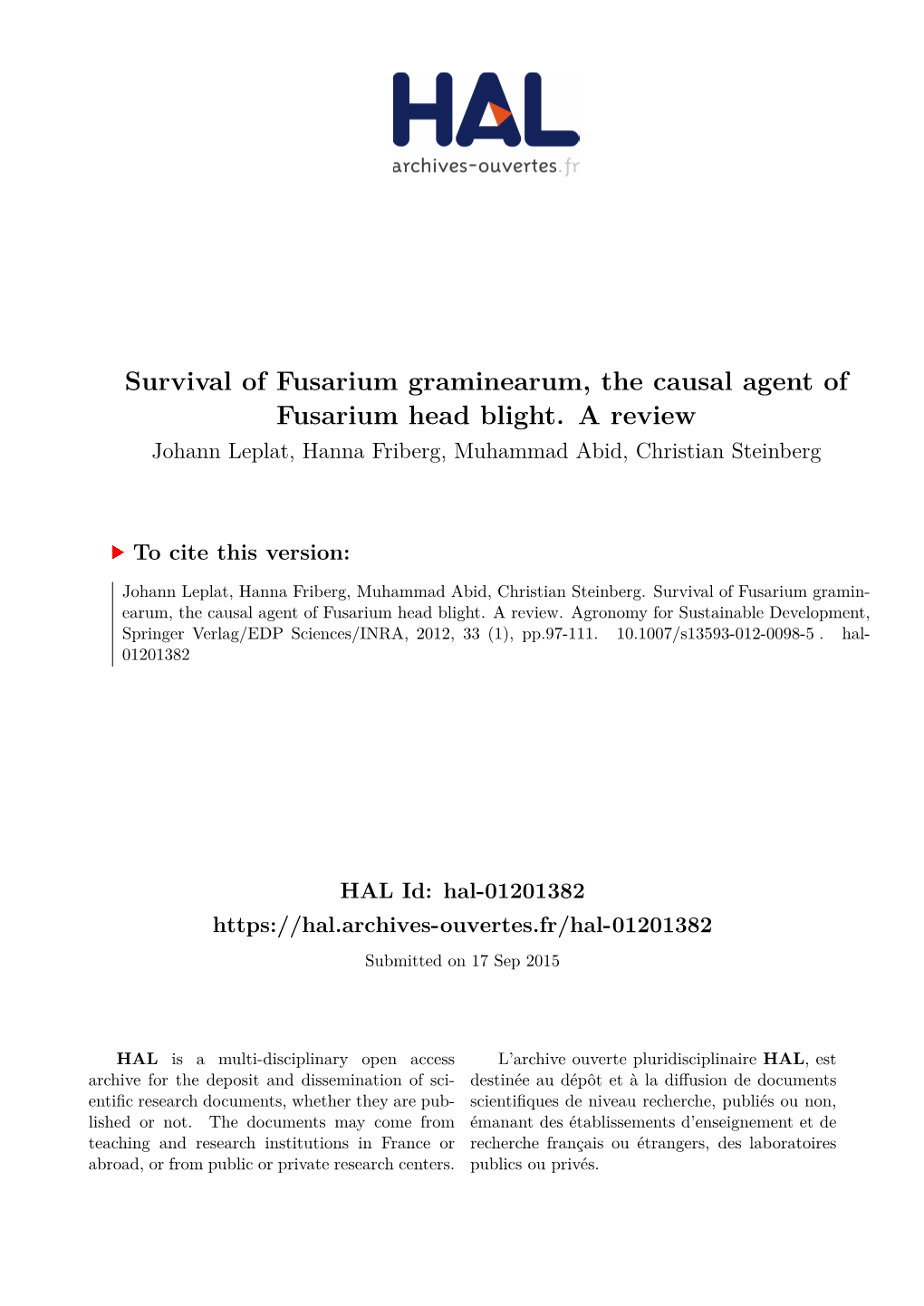 Survival of Fusarium Graminearum, the Causal Agent of Fusarium Head Blight