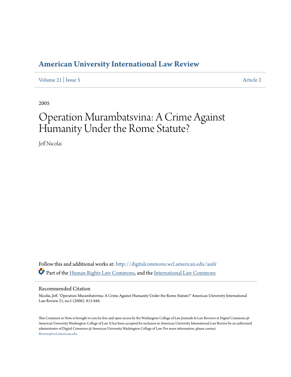 Operation Murambatsvina: a Crime Against Humanity Under the Rome Statute? Jeff Icoln Ai