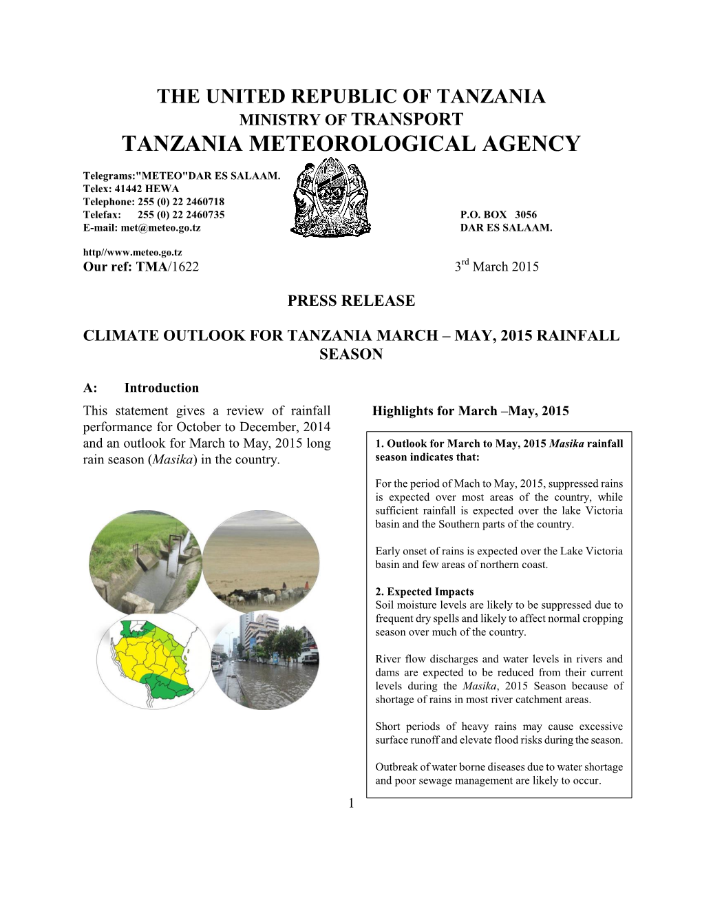 The United Republic of Tanzania Ministry of Transport Tanzania Meteorological Agency