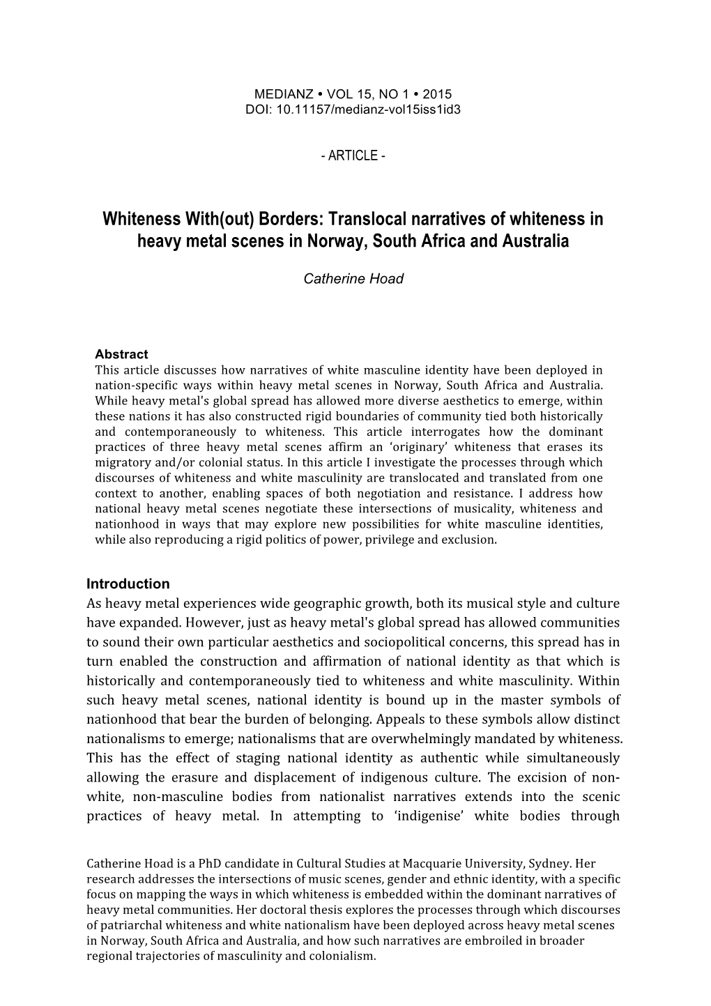 Translocal Narratives of Whiteness in Heavy Metal Scenes in Norway, South Africa and Australia