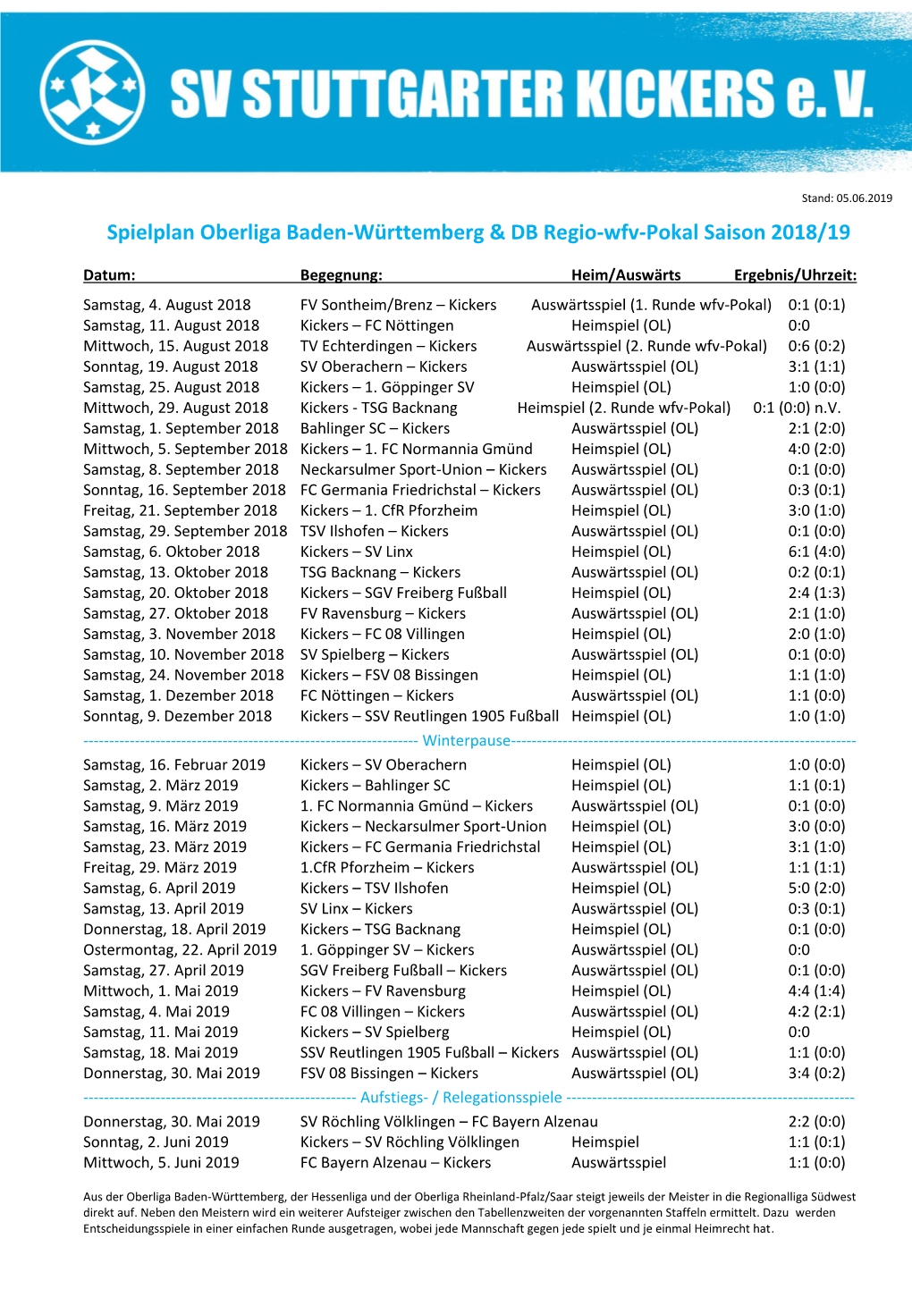 Spielplan Oberliga Baden-Württemberg & DB Regio