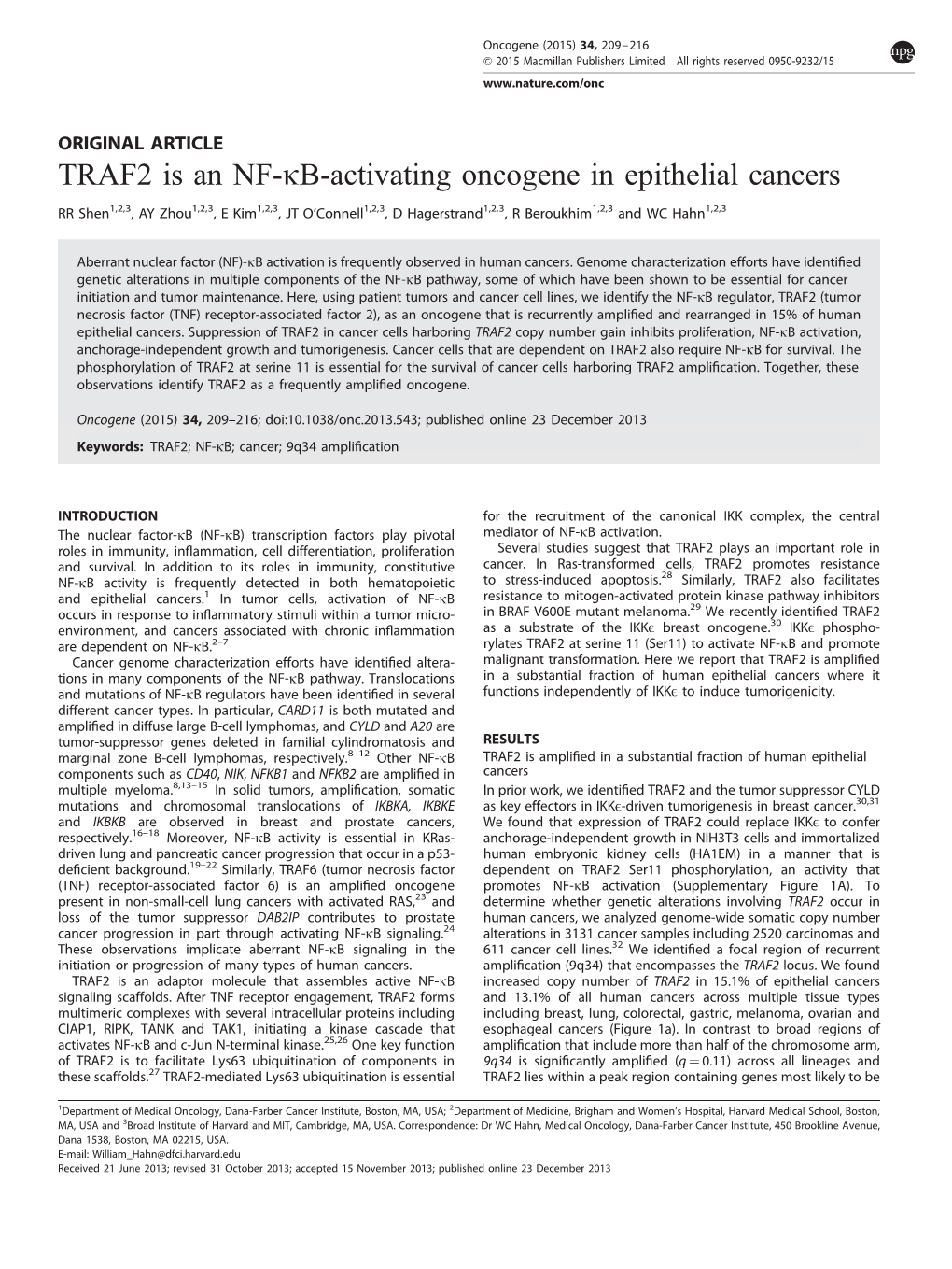 TRAF2 Is an NF-ΚB-Activating Oncogene in Epithelial