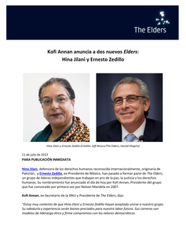 Kofi Annan Anuncia a Dos Nuevos Elders: Hina Jilani Y Ernesto Zedillo