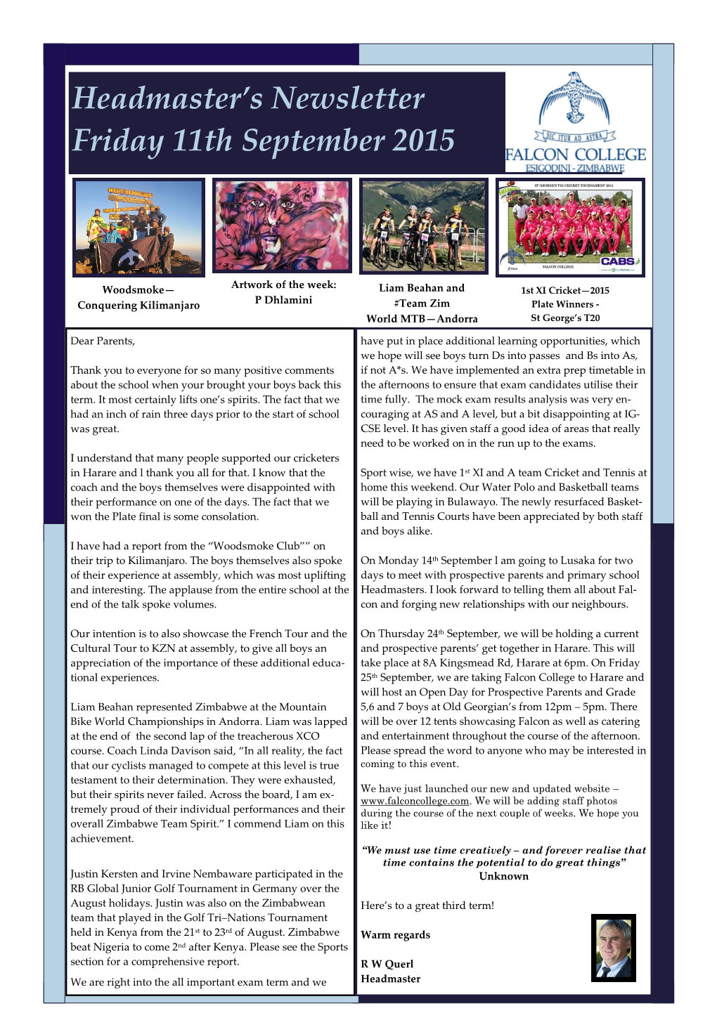 Headmaster's Newsletter Friday 11Th September 2015