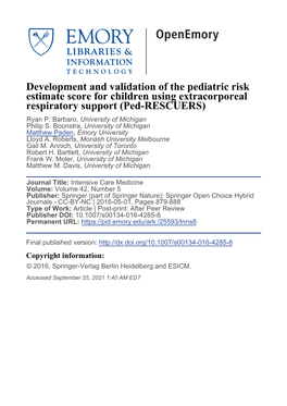 Development and Validation of the Pediatric Risk Estimate Score for Children Using Extracorporeal Respiratory Support (Ped-RESCUERS) Ryan P
