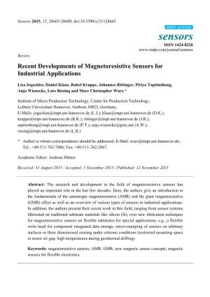 Recent Developments of Magnetoresistive Sensors for Industrial Applications