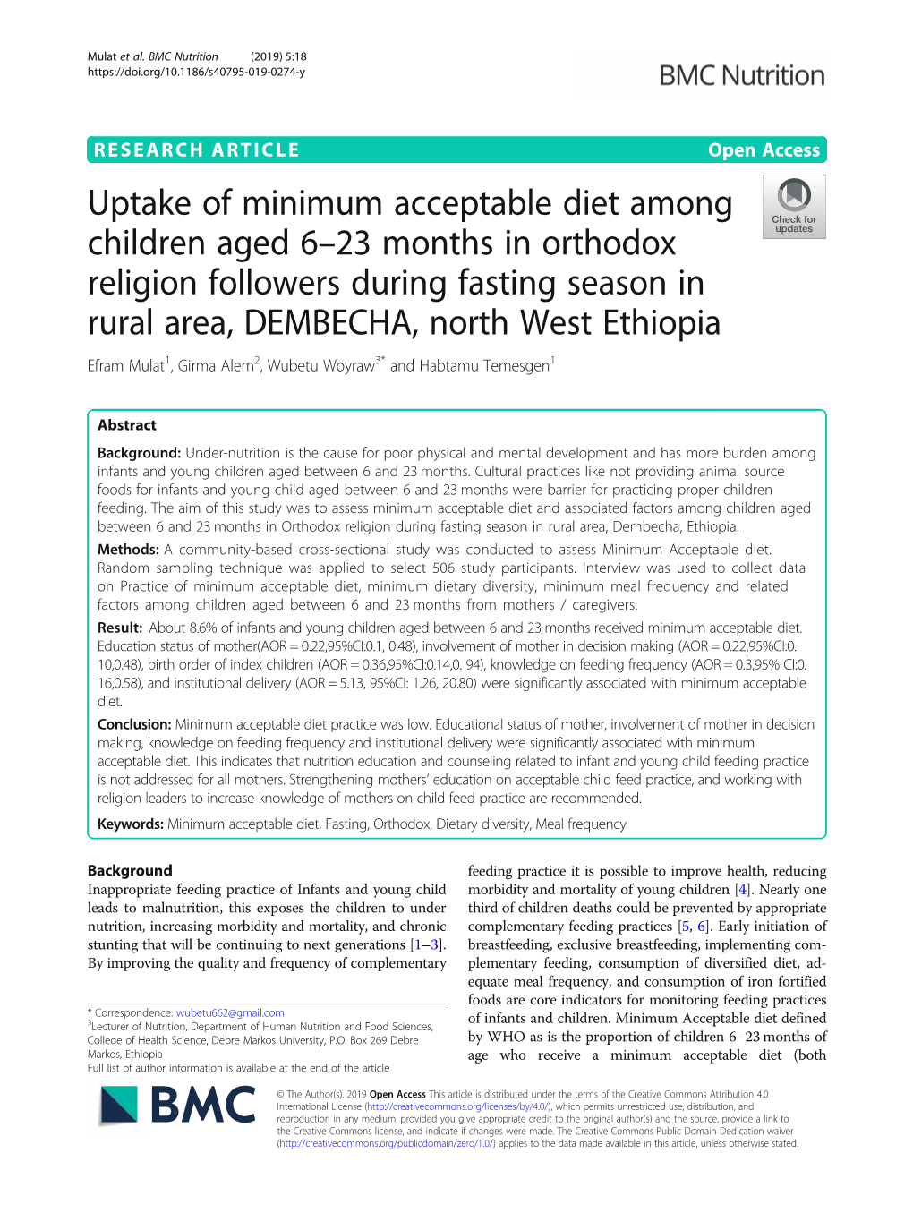 Uptake of Minimum Acceptable Diet Among Children Aged 6–23 Months in Orthodox Religion Followers During Fasting Season in Rura