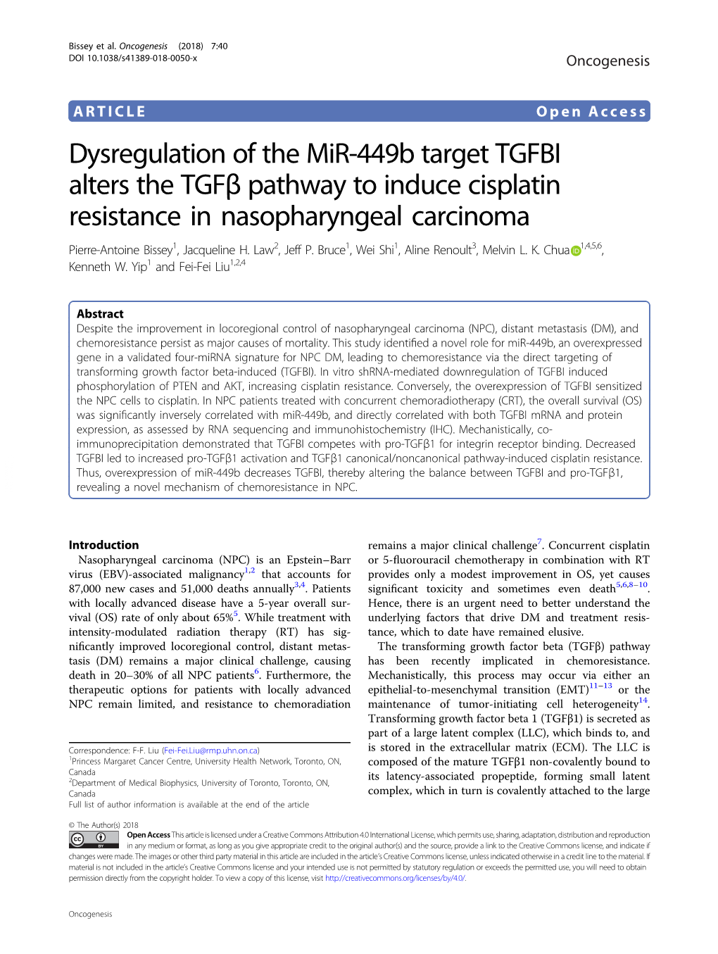 Dysregulation of the Mir-449B Target TGFBI Alters the Tgfβ Pathway to Induce Cisplatin Resistance in Nasopharyngeal Carcinoma Pierre-Antoine Bissey1, Jacqueline H