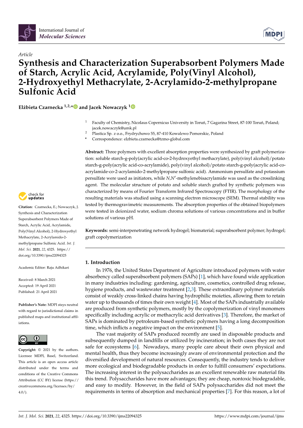 Synthesis and Characterization Superabsorbent Polymers Made of Starch, Acrylic Acid, Acrylamide, Poly(Vinyl Alcohol), 2-Hydroxye