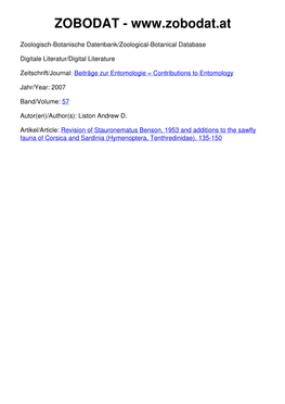 1953 and Additions to the Sawfly Fauna of Corsica and Sardinia (Hymenoptera, Tenthredinidae)