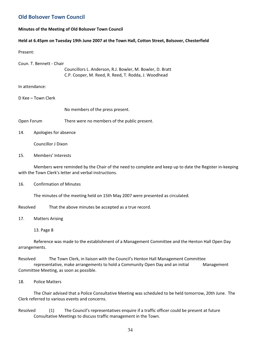 Minutes, Full Council, 20070619