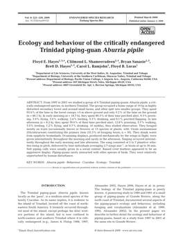 Ecology and Behaviour of the Critically Endangered Trinidad Piping-Guan Aburria Pipile