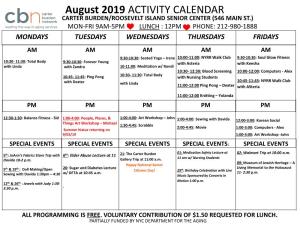 August 2019 ACTIVITY CALENDAR