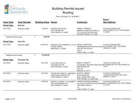 Building Permits Issued Roofing From: 9/12/2021 To: 9/18/2021 Strap / Issue Date Case Number Building Value Owner Contractor Site Address Permit Type: Built Up