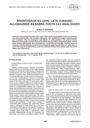 Brontosaur Killers: Late Jurassic Allosaurids As Sabre-Tooth Cat Analogues