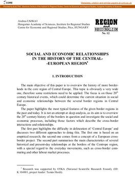 Social and Economic Relationships in the History of the Central- -European Region