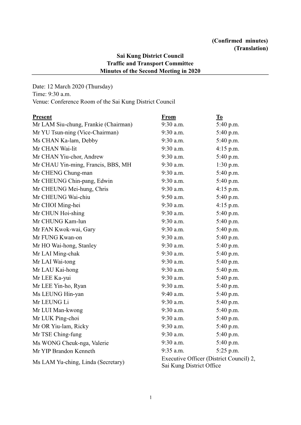 Sai Kung District Council Traffic and Transport Committee Minutes of the Second Meeting in 2020