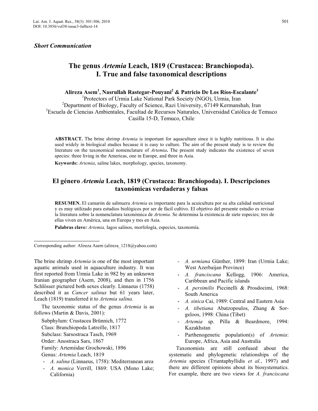 The Genus Artemia Leach, 1819 (Crustacea: Branchiopoda). I