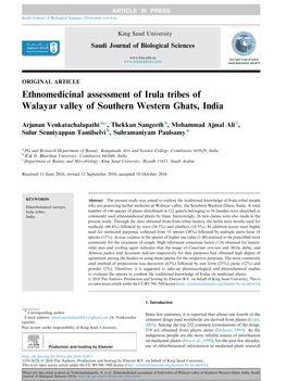 Ethnomedicinal Assessment of Irula Tribes of Walayar Valley of Southern Western Ghats, India