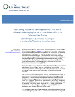 The Clearing House Calls for Comprehensive Cyber Threat Information-Sharing Legislation at House Financial Services Subcommittee Hearing