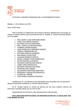 Acta De La Sesión Ordinaria Del Ayuntamiento Pleno