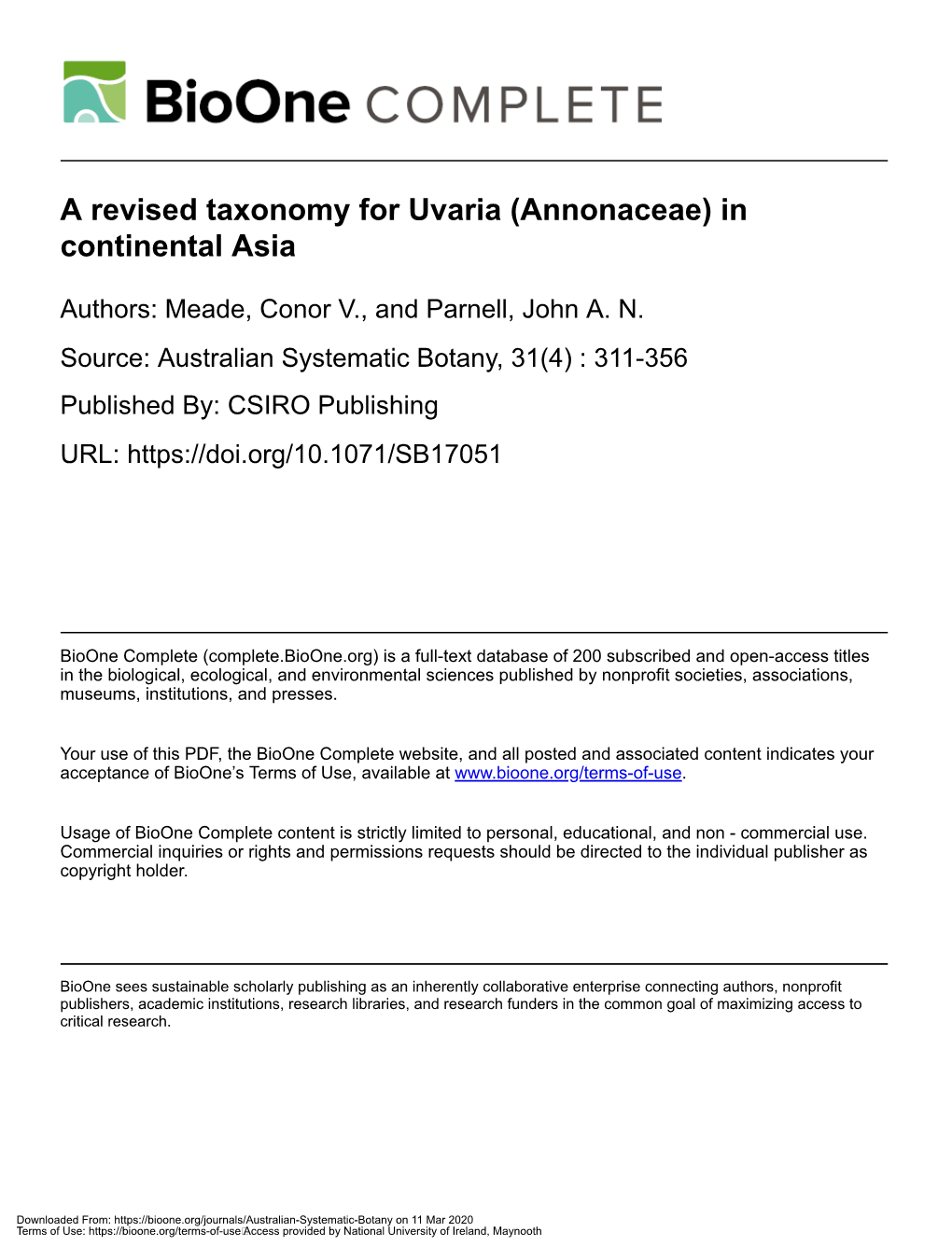 A Revised Taxonomy for Uvaria (Annonaceae) in Continental Asia