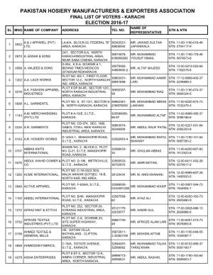 Pakistan Hosiery Manufacturers & Exporters Association Final List of Voters - Karachi Election 2016-17 Name of Sl Mno Name of Company Address Tel No