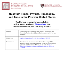 Quantum Times: Physics, Philosophy, and Time in the Postwar United States