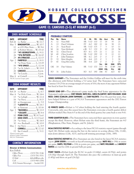 Lacrosse Game 12: Canisius (5-5) at Hobart (6-5)