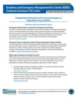 Integrating Earthquakes Into School Emergency Operations Plans (EOPS)