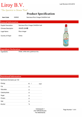 Product Specification Item Code 062802 Narcissus Rice Vinegar 24X600ml Bott