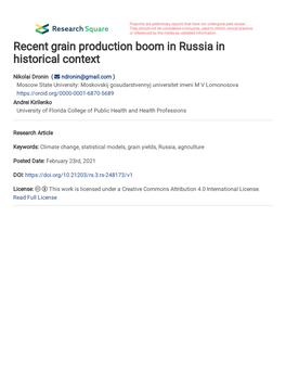 Recent Grain Production Boom in Russia in Historical Context