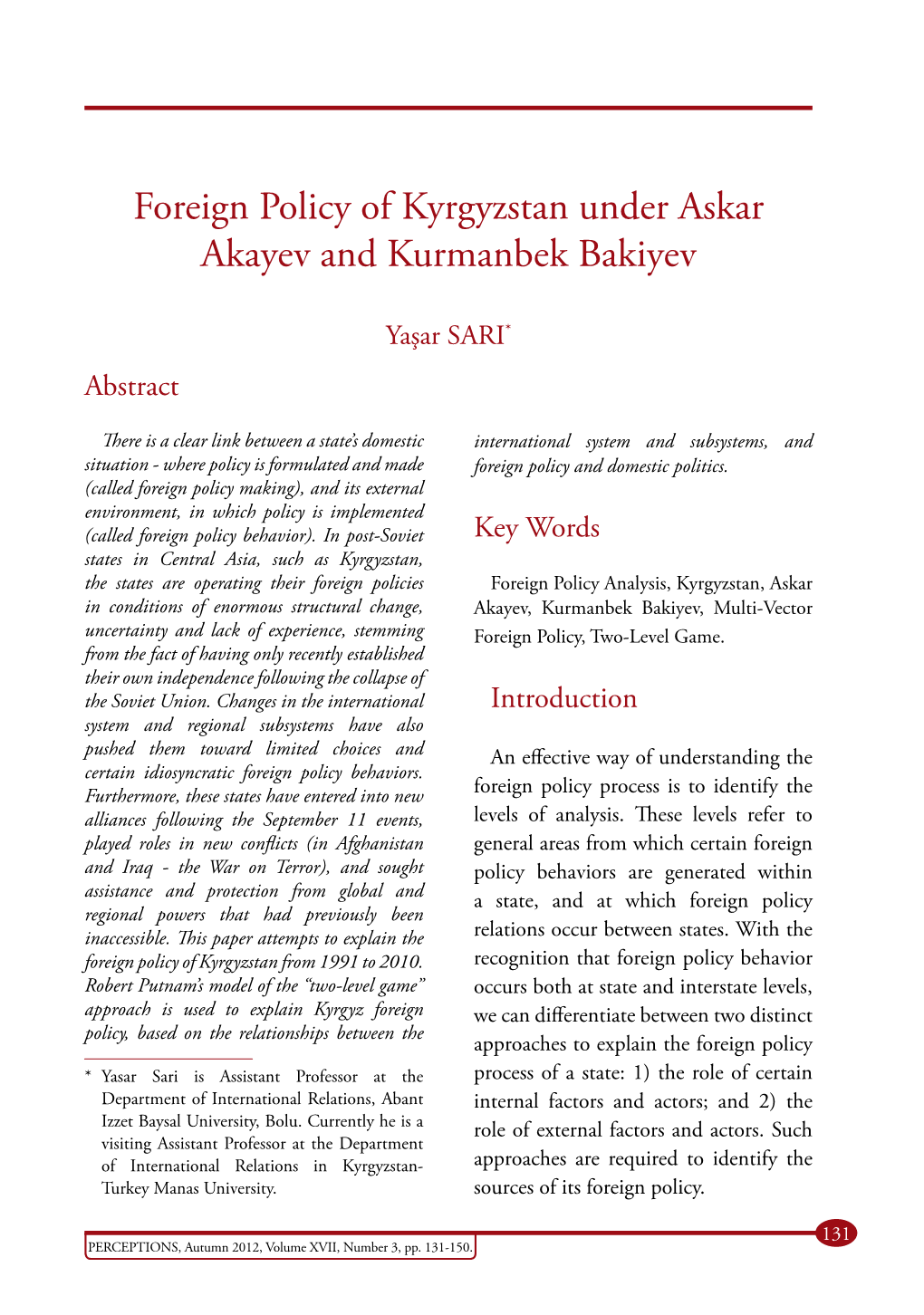 Foreign Policy of Kyrgyzstan Under Askar Akayev and Kurmanbek Bakiyev