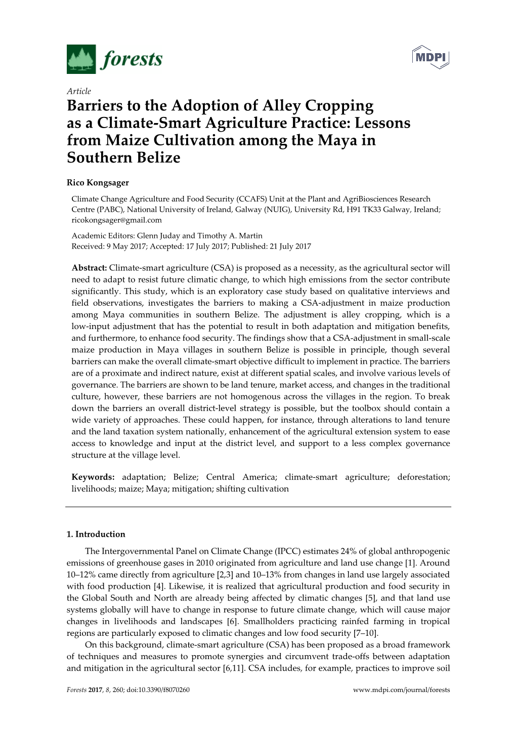 Barriers to the Adoption of Alley Cropping As a Climate-Smart Agriculture Practice: Lessons from Maize Cultivation Among the Maya in Southern Belize