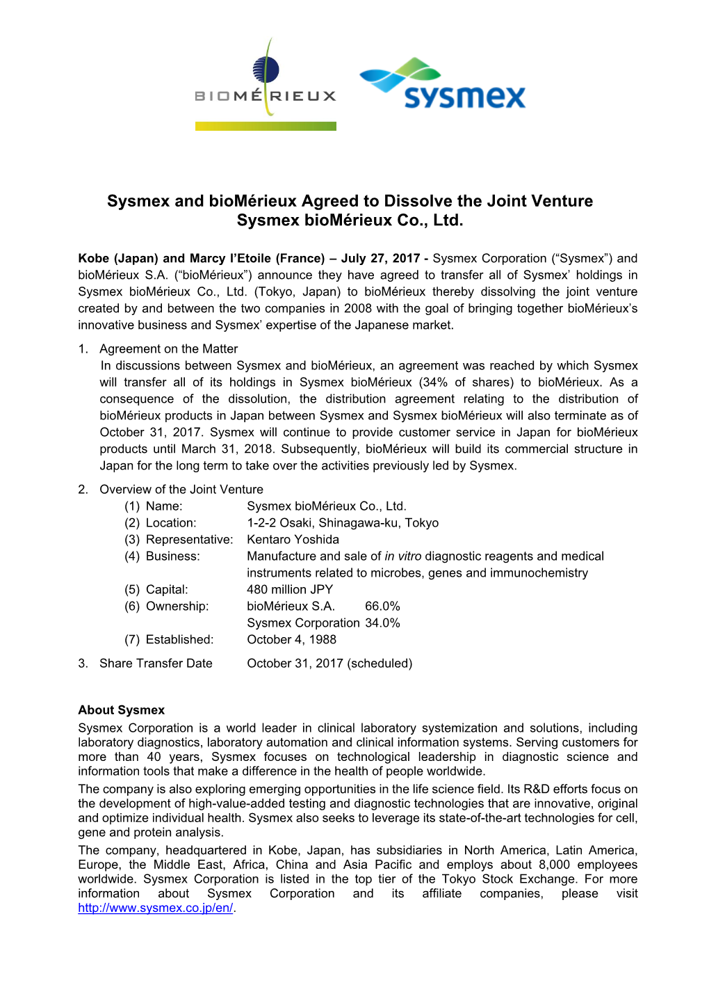 Sysmex and Biomérieux Agreed to Dissolve the Joint Venture Sysmex Biomérieux Co., Ltd