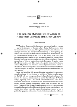 The Influence of Ancient Greek Culture on Macedonian Literature of The