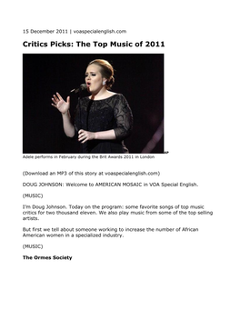 Critics Picks: the Top Music of 2011